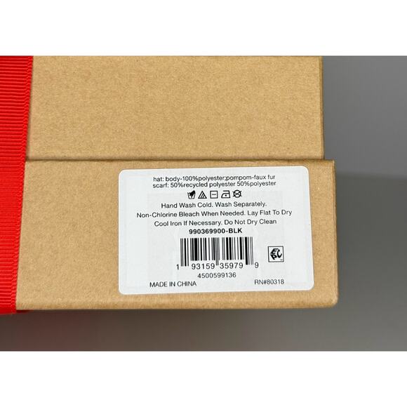 Lucky Brand Black Beanie Scarf Set Faux Fur Pom Pom Sparkle Pearl Winter Gift - Picture 2 of 4